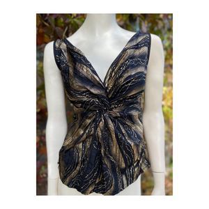 Maxmara Silk Top Black Gold Art Deco Twist Front V Neck